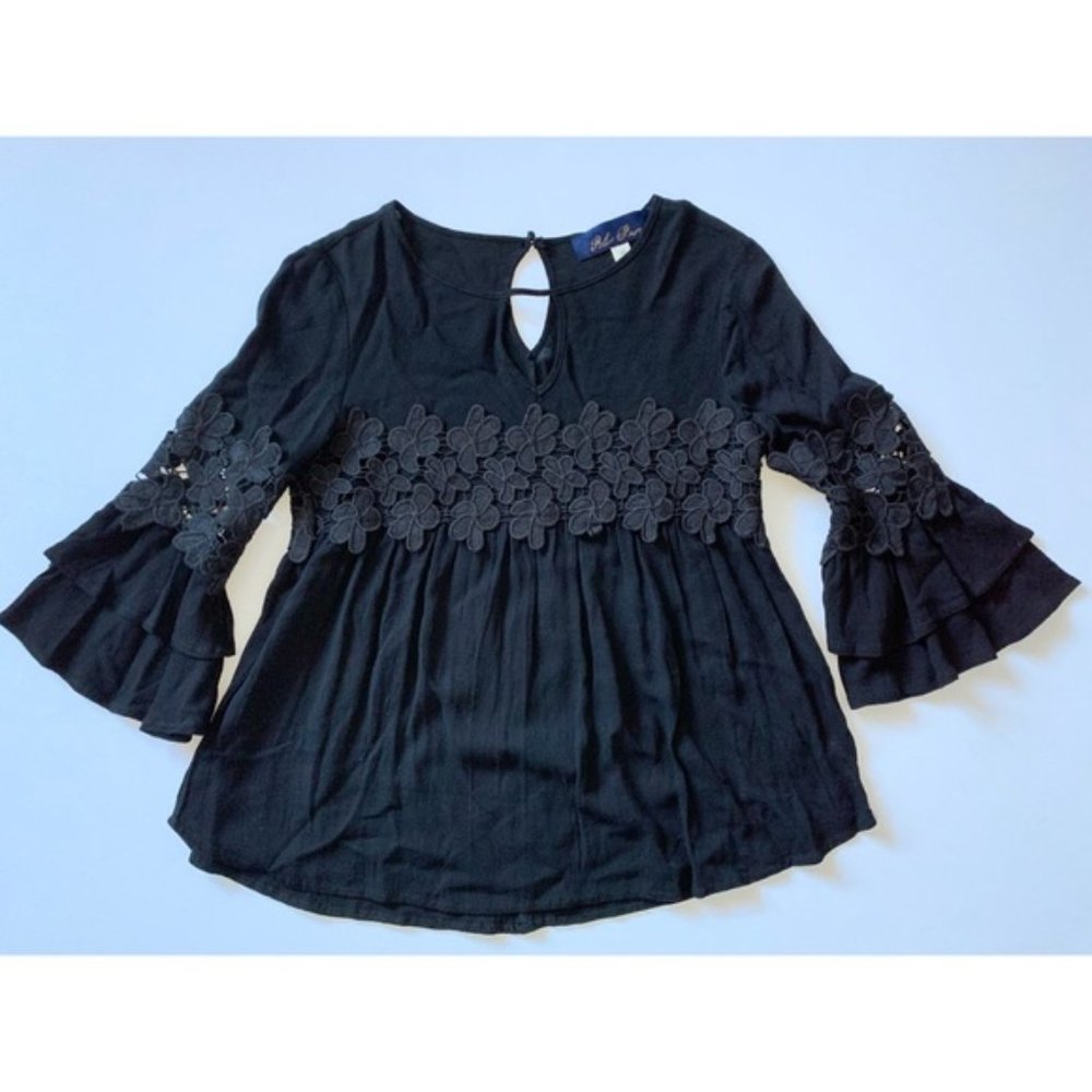 Blue Rain Floral Doily Black Long Sleeve Statement Bell Sleeve Blouse Size XS